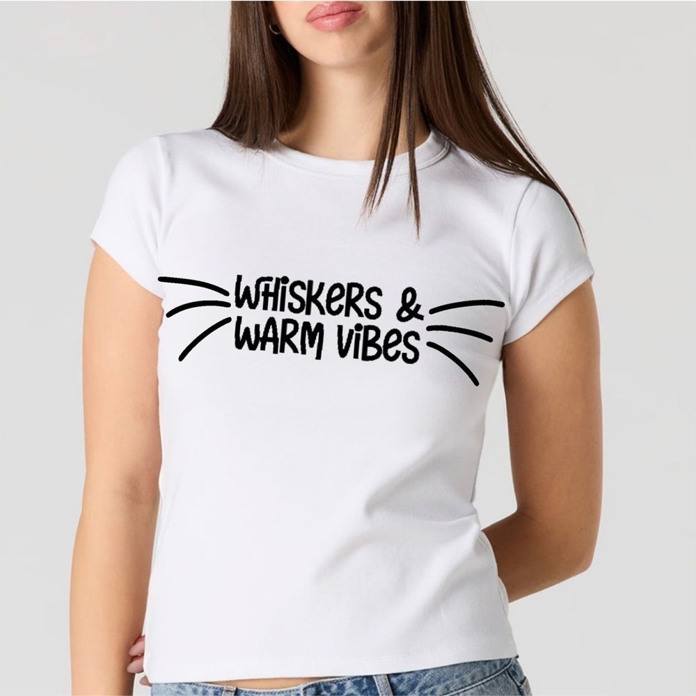 “Whiskers & Warm Vibes” Cat Graphic T–Shirt – Short Sleeve Crewneck – White